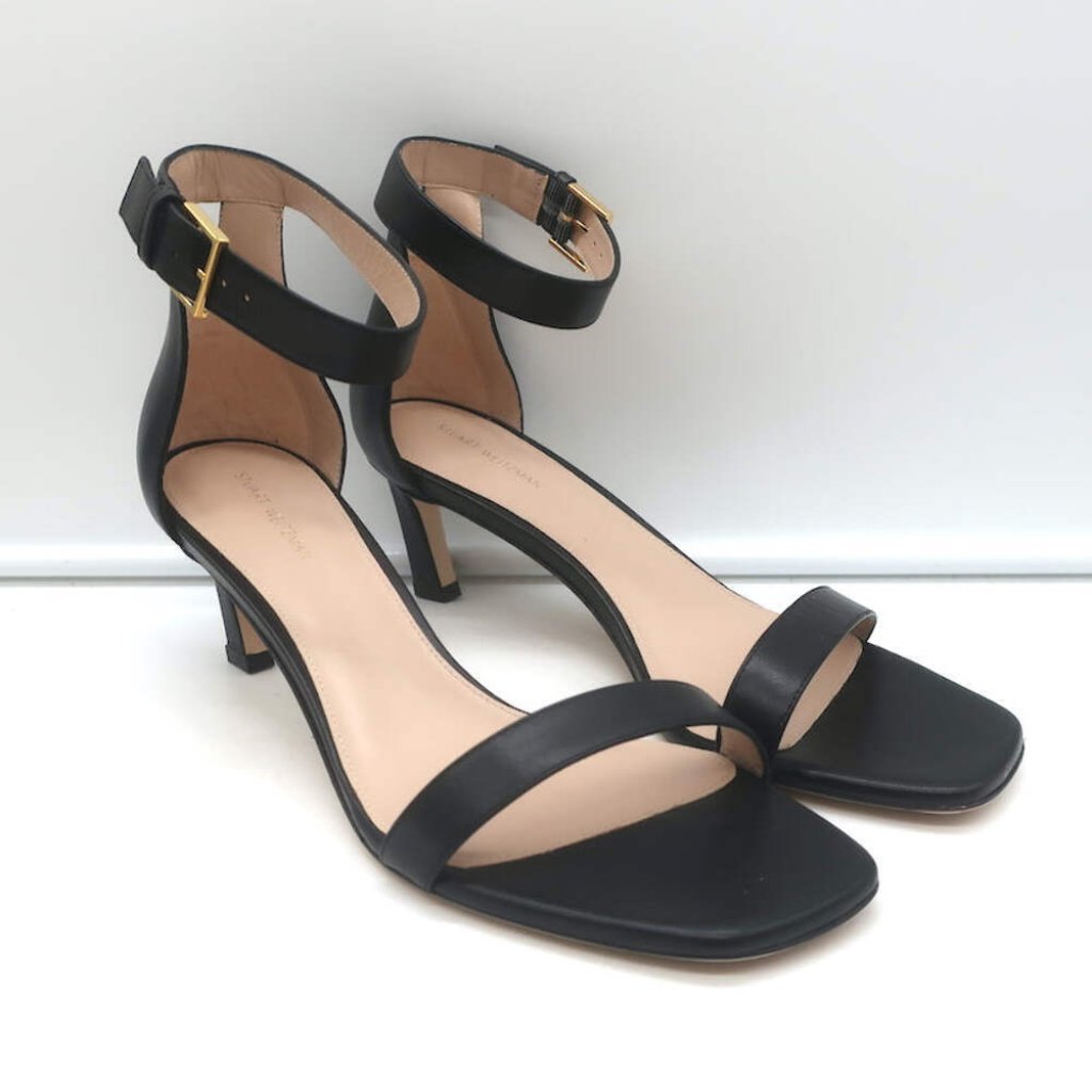 Stuart Weitzman Square Nudist Sandals Black Leather Size 9 Ankle Strap Heels New